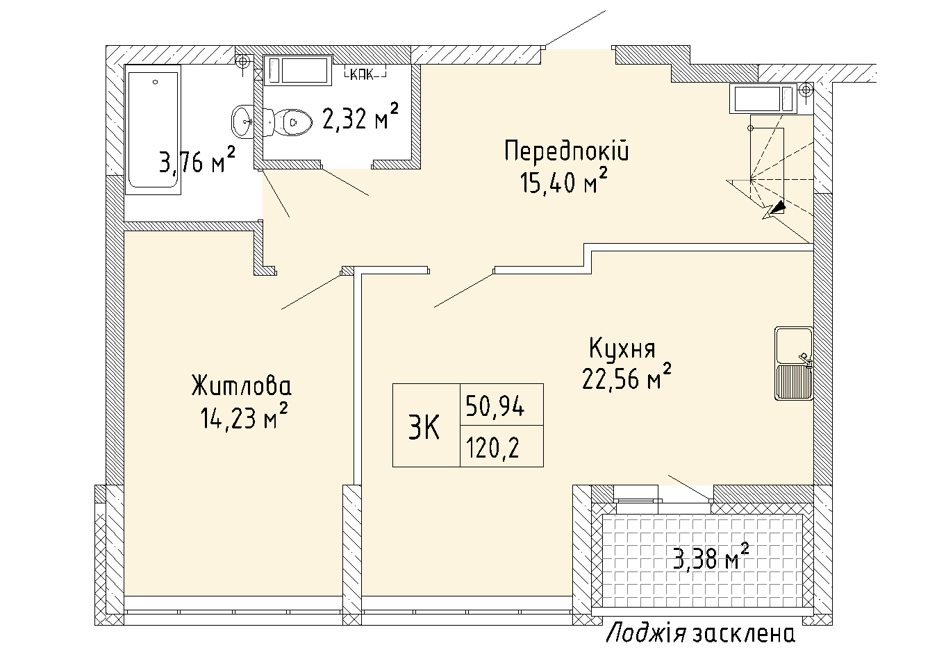 Трикімнатна квартира 120,2 кв.м. будинок №7, секція №1, 25-26 поверх в Житловому Комлексі Святобор