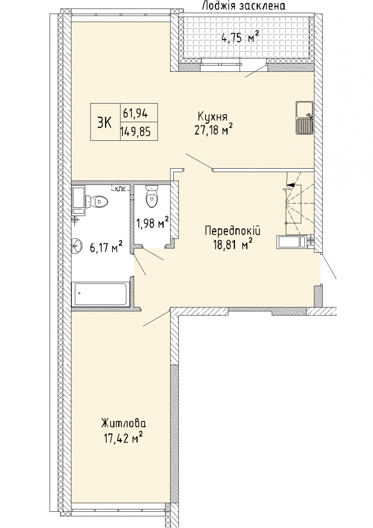 2D планування Трикімнатна квартира 149,85 кв.м. будинок №7, секція №1, 25-26 поверх в Житловому Комлексі Святобор