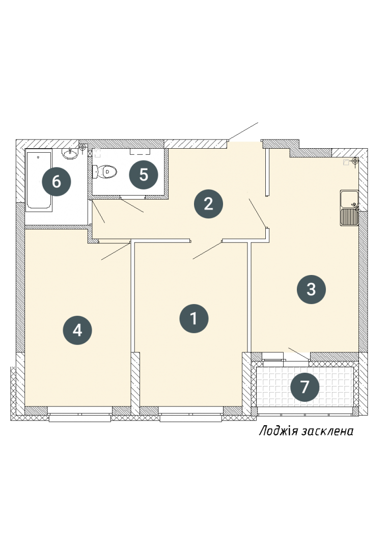 2D планування Двокімнатна квартира 61,39 кв.м. будинок №7, секція №1, 1-26 поверх в Житловому Комлексі Святобор