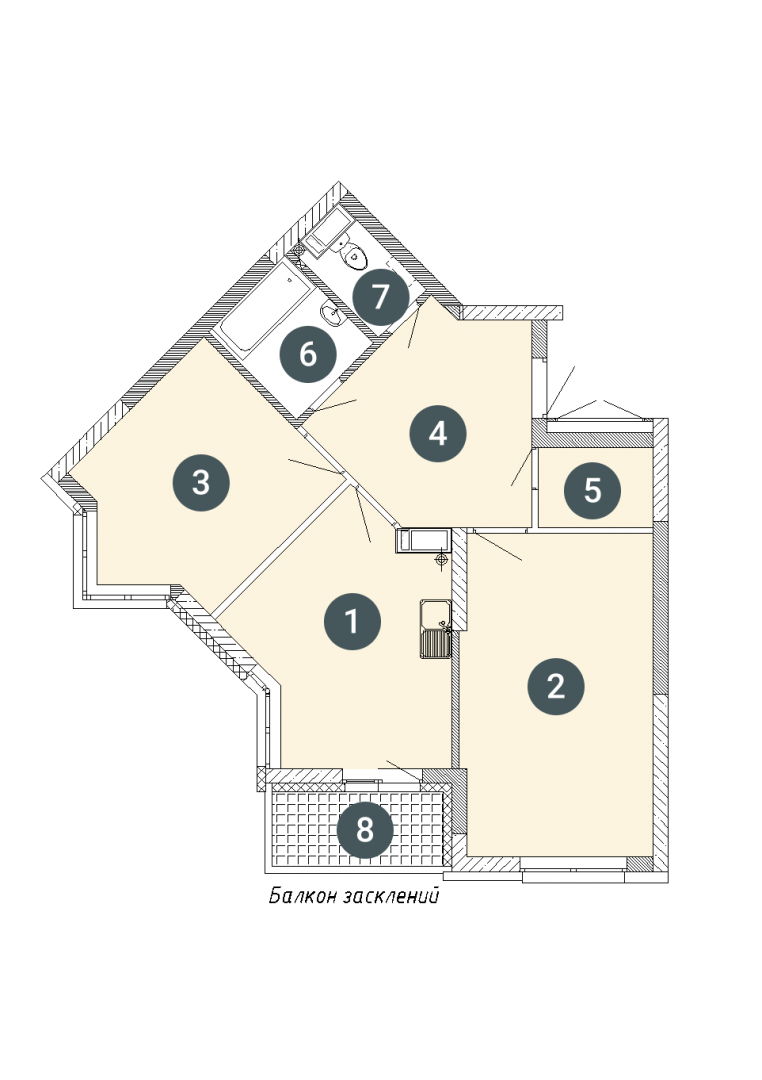 2D планування Двокімнатна квартира 64,81 кв.м. будинок №7, секція №1, 1-26 поверх в Житловому Комлексі Святобор