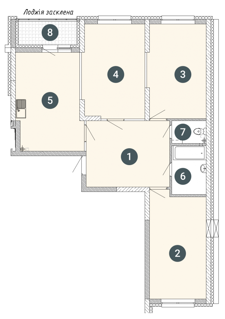 2D планування Трикімнатна квартира 91,58 кв.м. будинок №7, секція №1, 1-26 поверх в Житловому Комлексі Святобор