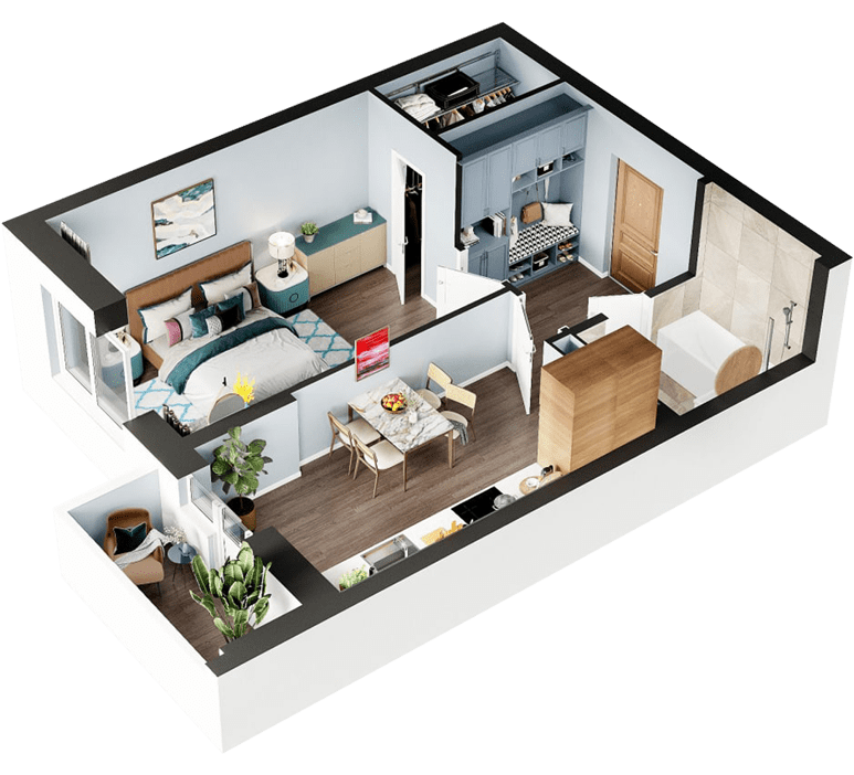 3D планування Однокімнатна квартира 44,99 кв.м. будинок №7, секція №1, 1-26 поверх в Житловому Комлексі Святобор