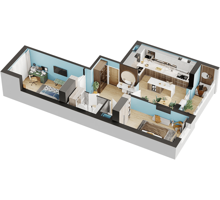 3D планування Двокімнатна квартира 75,30 кв.м. будинок №7, секція №1, 1-26 поверх в Житловому Комлексі Святобор