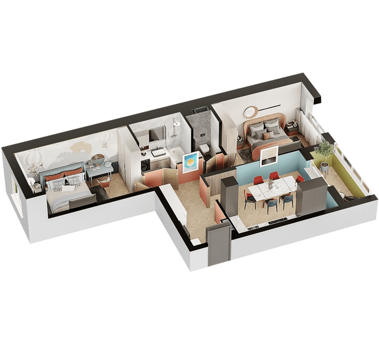3D планування Двокімнатна квартира 76,07 кв.м. будинок №7, секція №1, 1-26 поверх в Житловому Комлексі Святобор