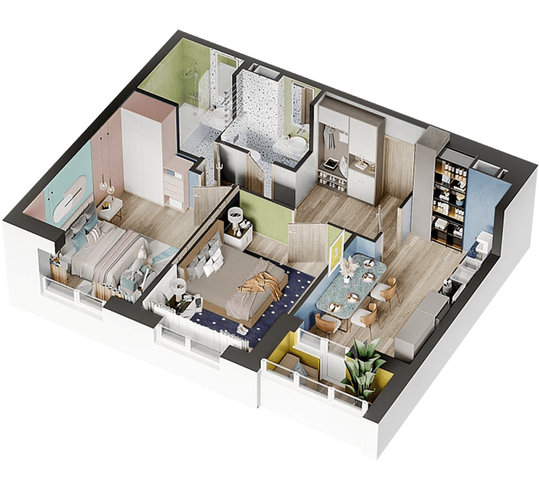3D планування Двокімнатна квартира 61,39 кв.м. будинок №7, секція №1, 1-26 поверх в Житловому Комлексі Святобор