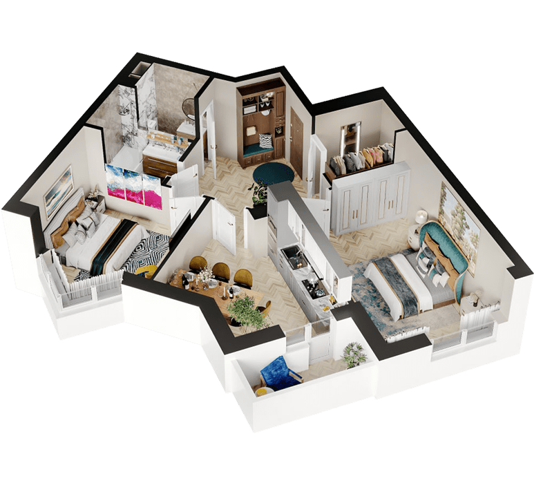 3D планування Двокімнатна квартира 64,81 кв.м. будинок №7, секція №1, 1-26 поверх в Житловому Комлексі Святобор