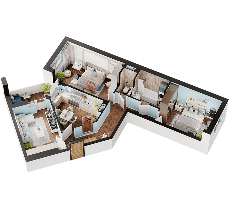 3D планування Трикімнатна квартира 79,97 кв.м. будинок №7, секція №1, 1-26 поверх в Житловому Комлексі Святобор