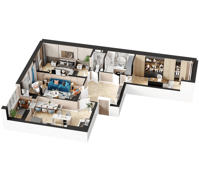 3D планування Трикімнатна квартира 91,58 кв.м. будинок №7, секція №1, 1-26 поверх в Житловому Комлексі Святобор