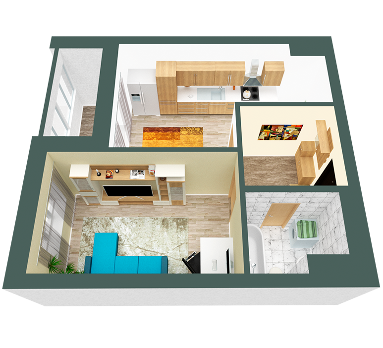 3D планування Однокімнатна квартира 42,62 кв.м. будинок №3, секція №2, 3-10 поверх в Житловому Комлексі Святобор