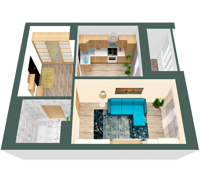 3D планування Однокімнатна квартира 41,15 кв.м. будинок №3, секція №3, 3-10 поверх в Житловому Комлексі Святобор