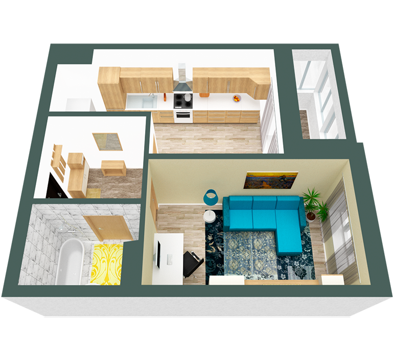 3D планування Однокімнатна квартира 41,42 кв.м. будинок №3, секція №3, 3-10 поверх в Житловому Комлексі Святобор