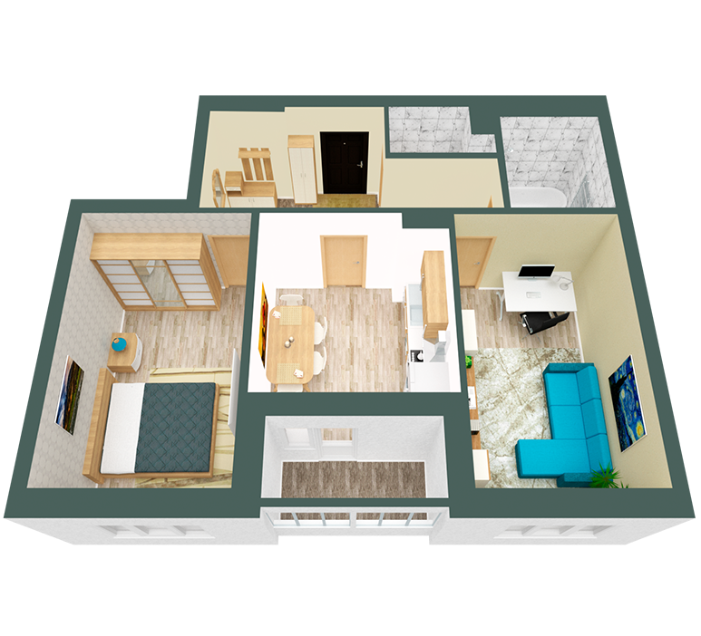 3D планування Двокімнатна квартира 58,35 кв.м. будинок №3, секція №3, 3-10 поверх в Житловому Комлексі Святобор