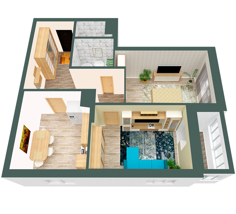 3D планування Двокімнатна квартира 61,73 кв.м. будинок №3, секція №3, 3-10 поверх в Житловому Комлексі Святобор